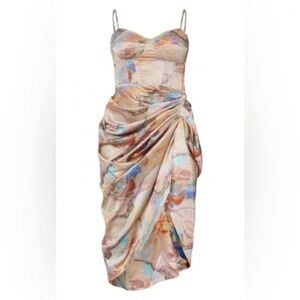 PrettyLittleThing | Multi Marble Print Satin Ruched Skirt Corset Midi Dress 2